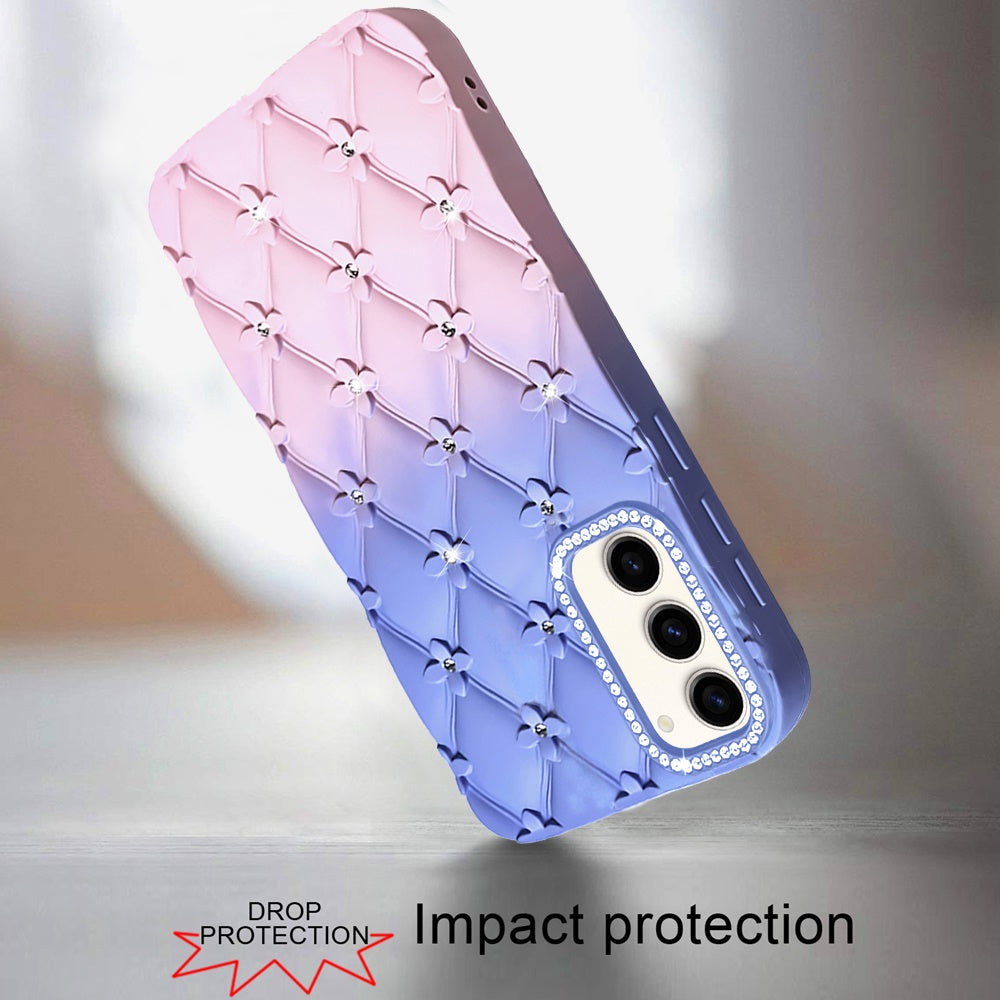 Phone Case for Samsung Galaxy S23 Floral Glitter Shimmer Bling Hybrid Shockproof Anti Slip Thick TPU Protective Stylish Design Cover Light Blue/Light Pink