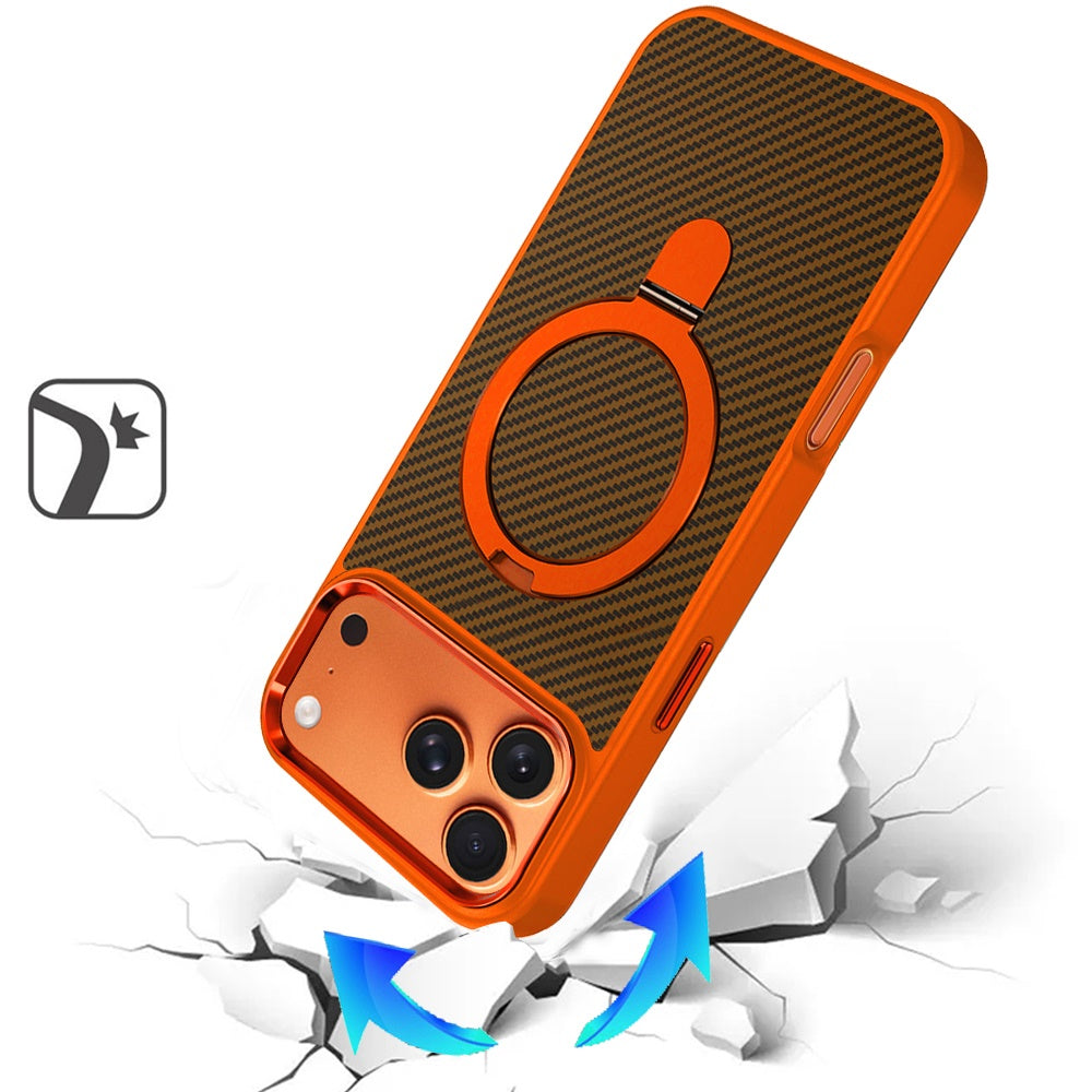Phone Case for Apple iPhone 17 Pro Max (6.9") Carbon Fiber Magnetic Ring Stand Hybrid Shockproof AntiSlip Grip Kickstand Military Drop Protection Matte Finish Cover Cosmic Orange