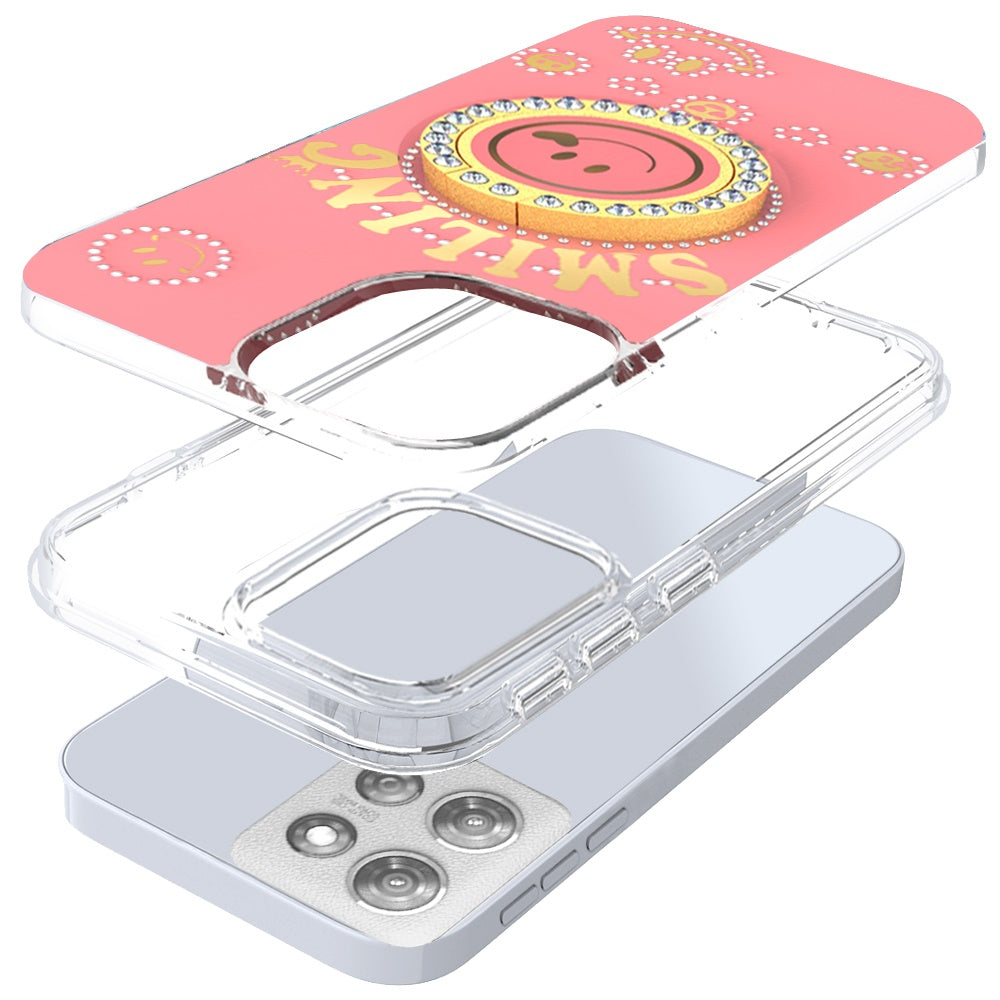 For Motorola Moto G 5G 2025 Smiling Glitter Ornament Bling Sparkle with Ring Stand Hybrid Slim TPU + Hard Back Shell Case Cover