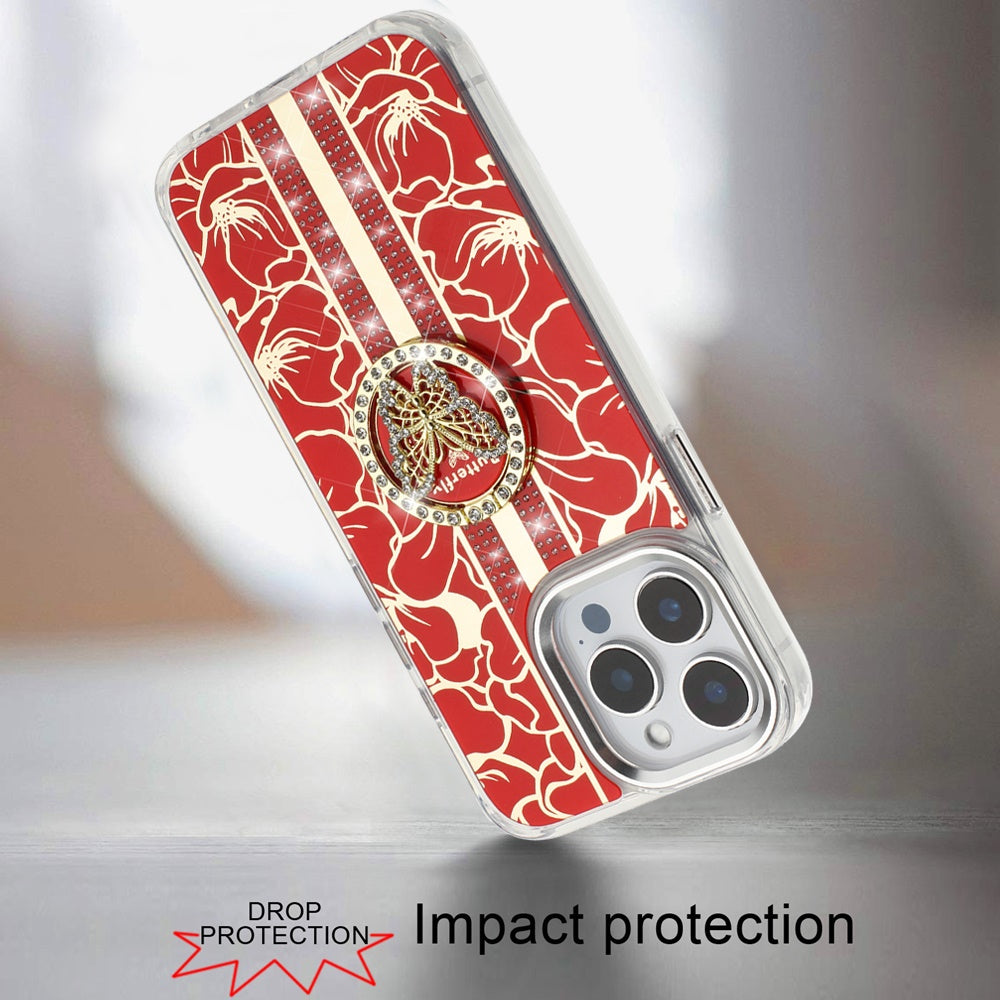 For Apple iPhone 14 /13 Diamonds 3D Butterfly Floral Design Bling Sparkly Glitter Hybrid Metal Fashion with Ring Stand Case Cover