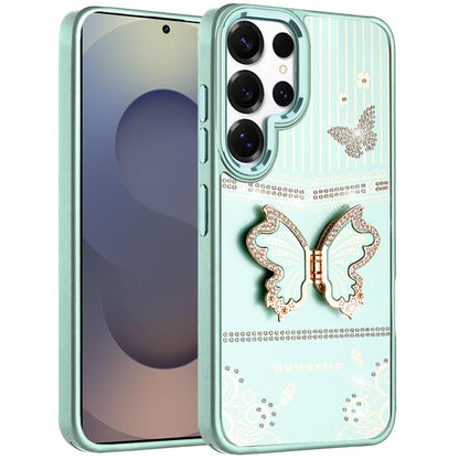 For Samsung Galaxy S25 Ultra Glitter 3D Butterfly Design Bling Metallic Edge Hybrid Stand Drop Protection TPU Shockproof Case Cover
