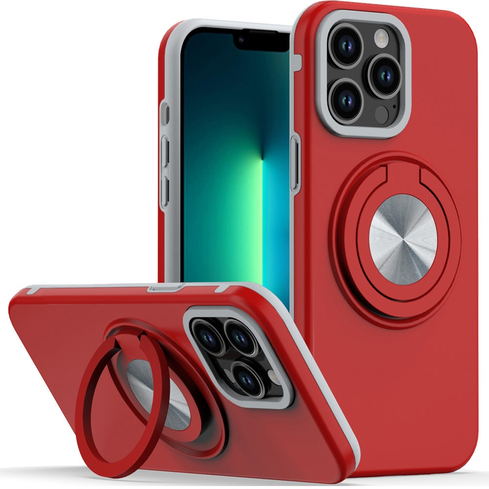 For Apple iPhone 13 Pro Metal Matte Hybrid with Invisible Rotational Ring Stand, Car Mount Friendly, Military Grade Slim Fit Sturdy Case Cover Red