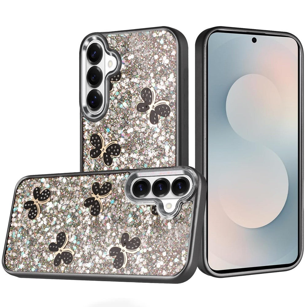 For Samsung Galaxy S26+ / S26 Plus Cute Butterfly Crystal Diamond Glitter Case Sparkle Bling Frame Metallic Edges, Shimmer TPU Hybrid Case Cover