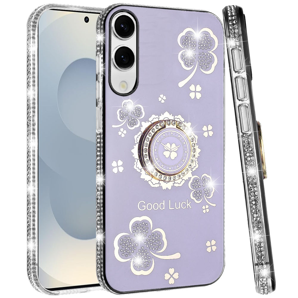 For Samsung Galaxy S25 EDGE Diamonds Bling All Around Edges Sparkly Glitter Hybrid with Ring Stand Holder Fashion Good Luck Case Cover