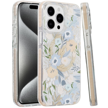 For Apple iPhone 16 Pro Max (6.9") Floral Pattern Design Cute Clear Hybrid Compatible with Magsafe Double Layer Soft TPU Hard PC Case Cover