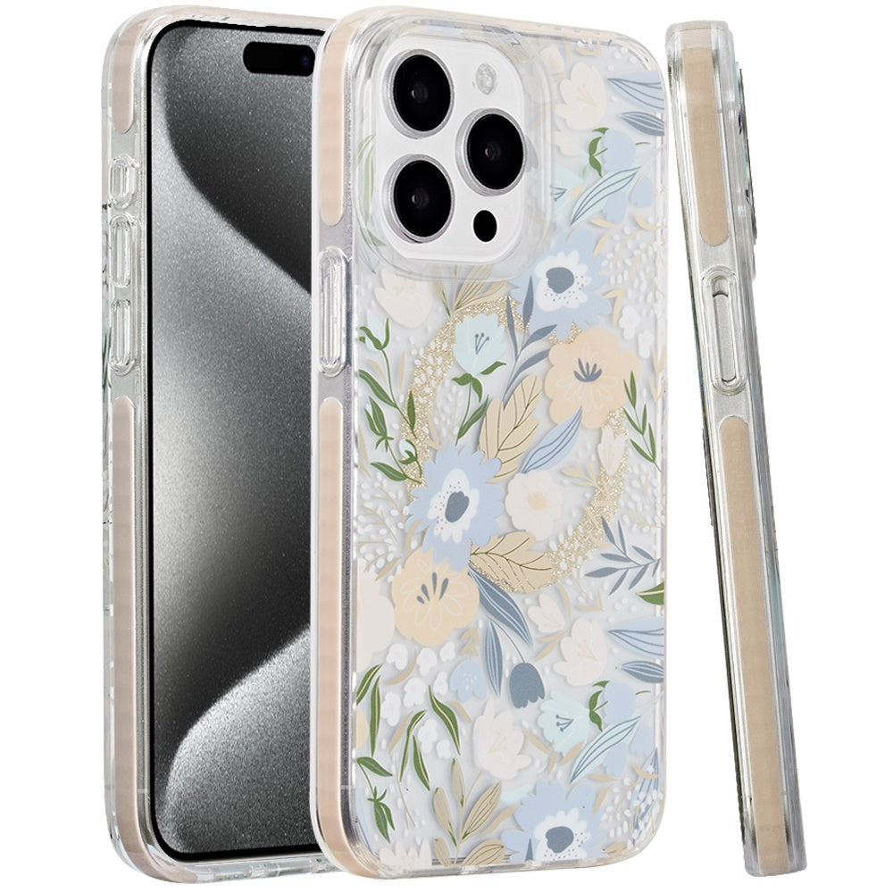 For Apple iPhone 16 Pro (6.3") Floral Pattern Design Cute Clear Hybrid Compatible with Magsafe Double Layer Soft TPU Hard PC Case Cover