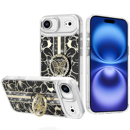 For Apple iPhone 17 Air (6.6") Diamonds 3D Butterfly Floral Design Bling Sparkly Glitter Hybrid Metal Fashion with Ring Stand Case Cover
