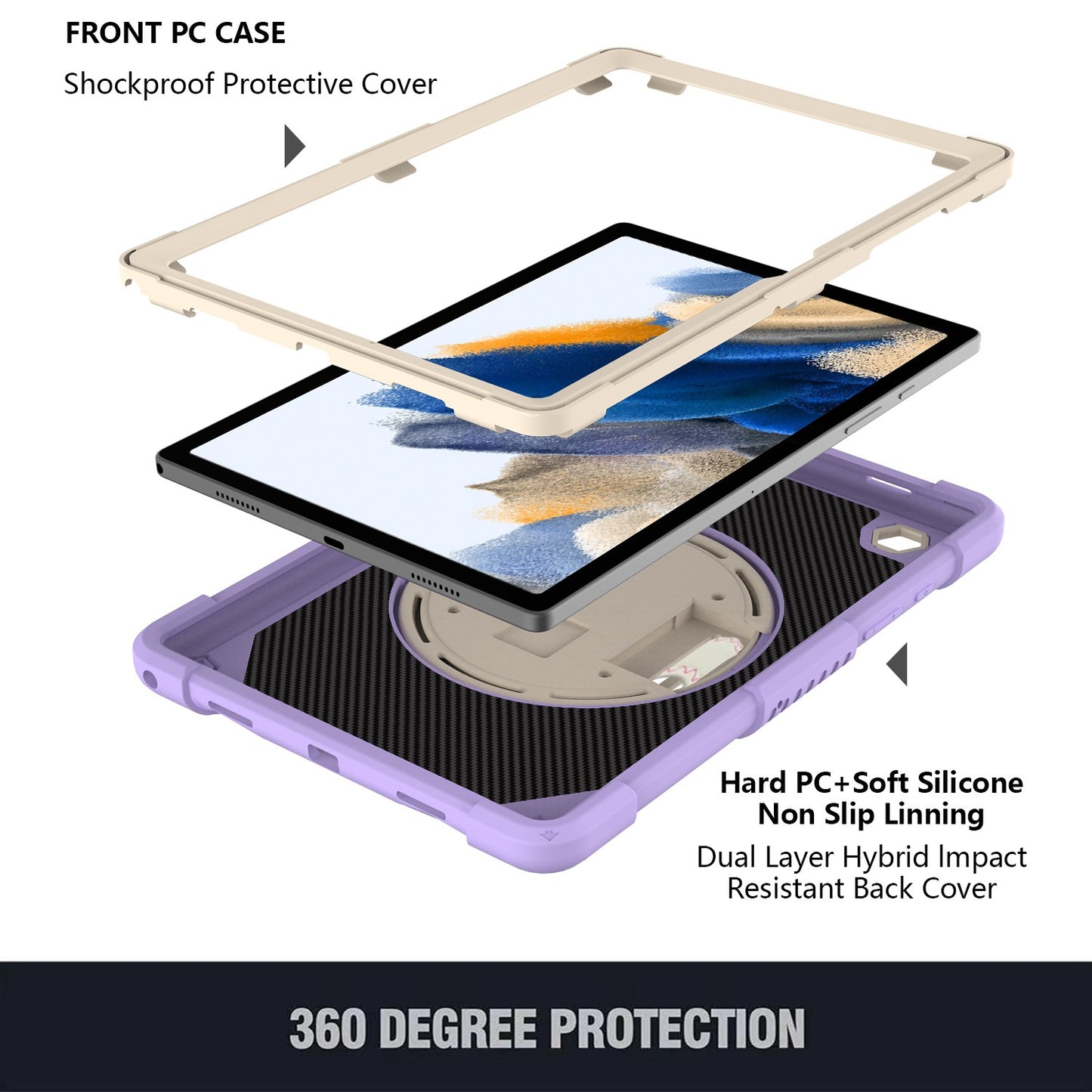 For 3-in-1 Tough Hybrid Shockproof Protector Silicone TPU with Pencil Holder, Kickstand, Hand & Shoulder Strap Purple Tablet Case Cover