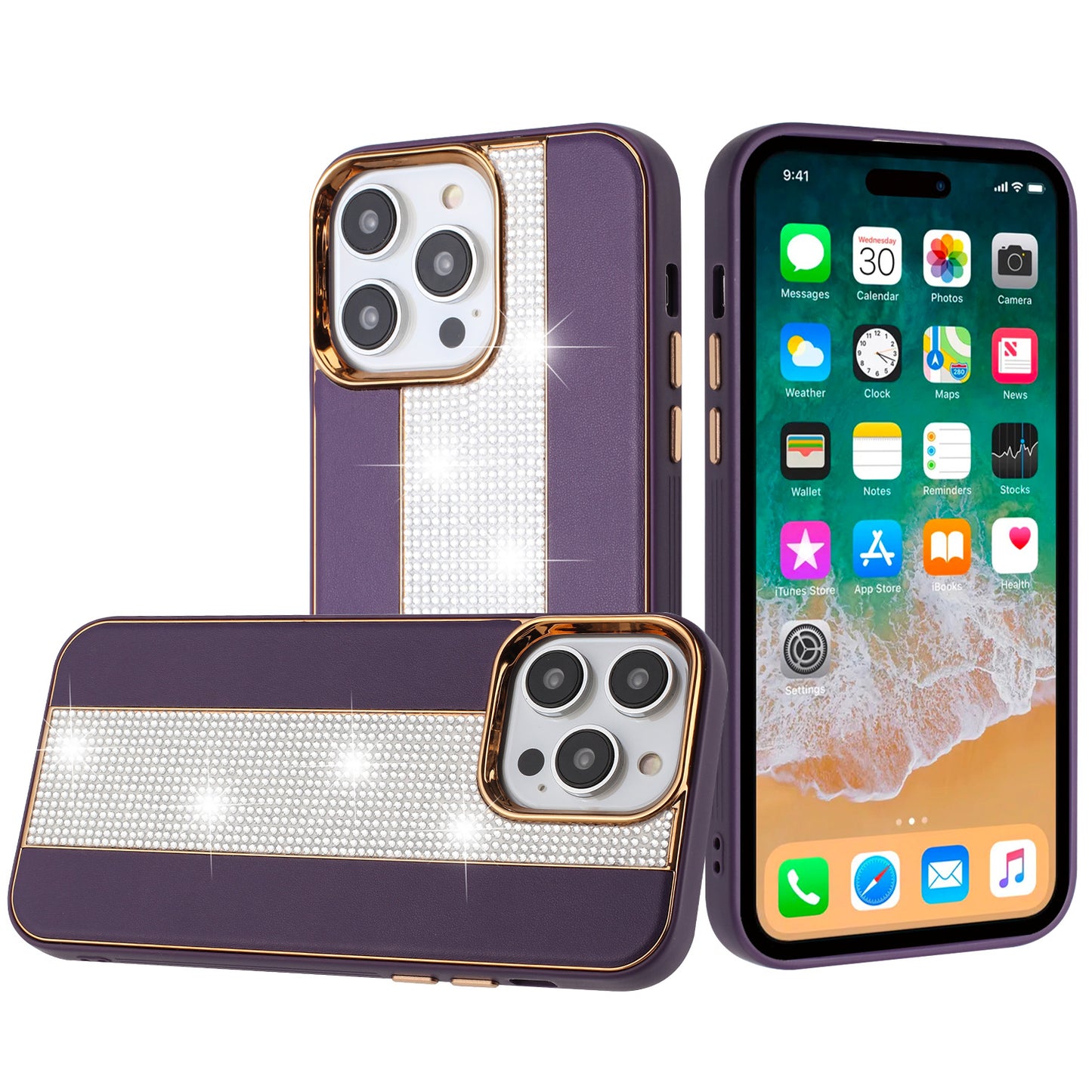 For iPhone 15 Pro (6.1") Flashy Diamond Leather Hybrid Shockproof Protection Chrome Camera Edge Grip Slim Durable Case Cover Blue
