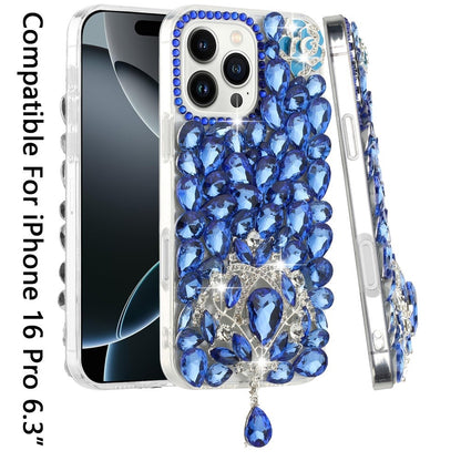 For Apple iPhone 16 Pro (6.3") Bling Crystal 3D Full Diamonds Jewelry Luxury Sparkle Rhinestone Glitter Hybrid Protective Case Cover