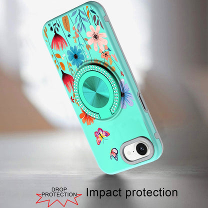 For Apple iPhone 16e Pattern Design Hybrid with Invisible Ring Stand & Magnetic Back, Shockproof Protective Grip Case Cover Summer Bloom