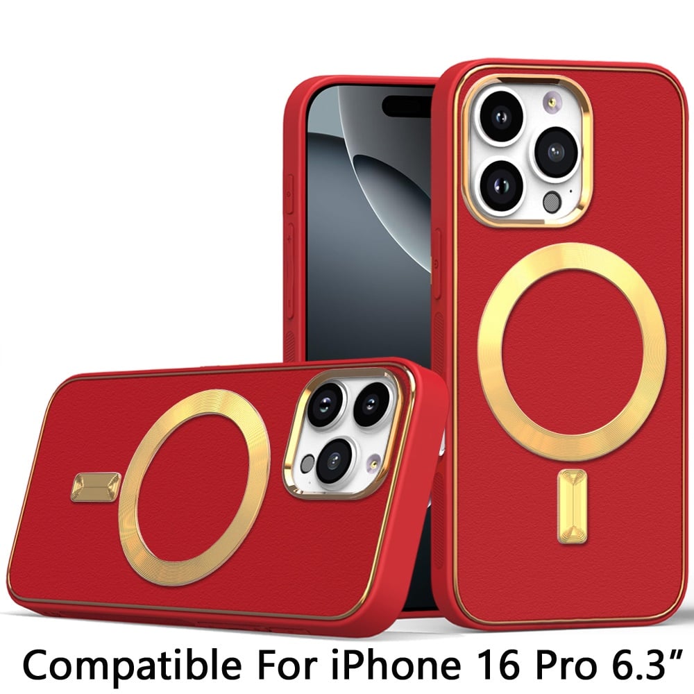 For Apple iPhone 16 Pro PU Leather Hybrid Magnetic MagSafe Compatible Shockproof Protection Finish Secure Grip Slim Design Case Cover Red