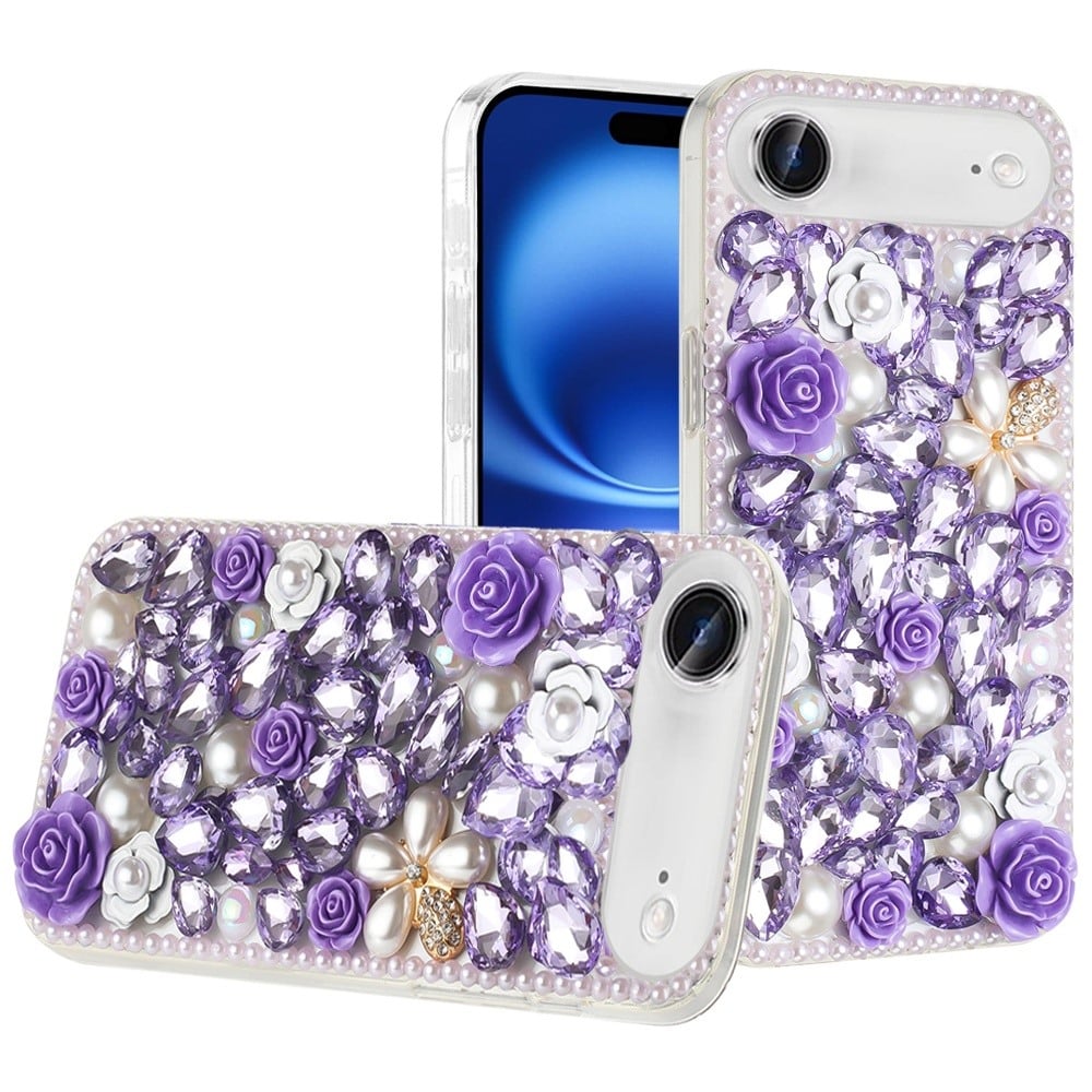 For Apple iPhone 17 Air (6.6") Fashion Rose Flower Floral Bling Crystal 3D Full Diamonds Pearl Sparkle Rhinestone Glitter Hybrid Case Cover
