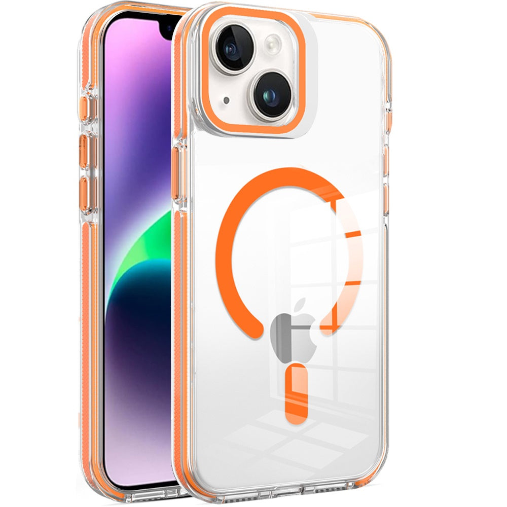 Phone Case for Apple iPhone 14/13 Magnetic Transparent Tough Hybrid Camera Guard Stand Shockproof Color Edge Rugged Grip Durable Cover Cosmic Orange