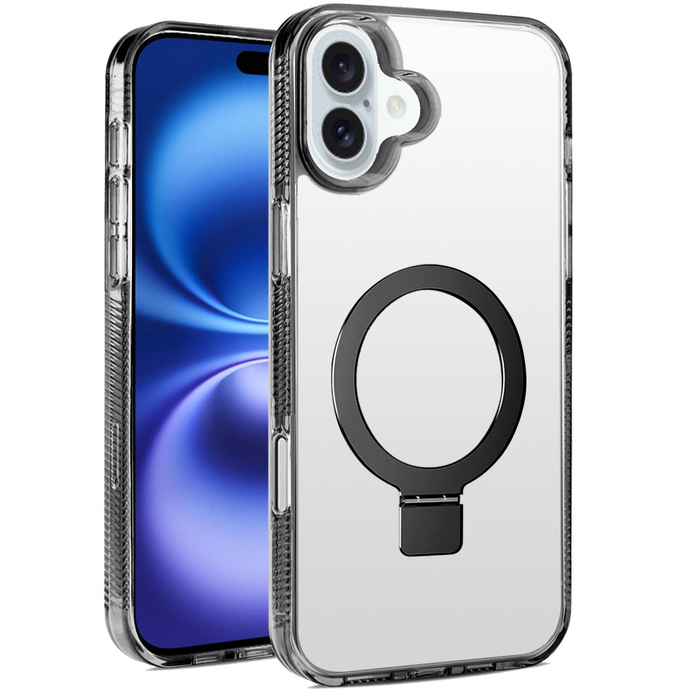 For Apple iPhone 17 Air (6.6") Transparent Magnetic Ring Circle Stand with MagSafe Compatible Hybrid Dotted Edged Hard PC Shockproof Case Cover Black