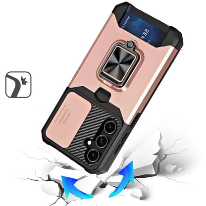For Samsung Galaxy A26 Wallet Case with Ring Stand & Slide Camera Cover Back Credit Card Slot Holder, Military Grade Case Cover Rose Gold