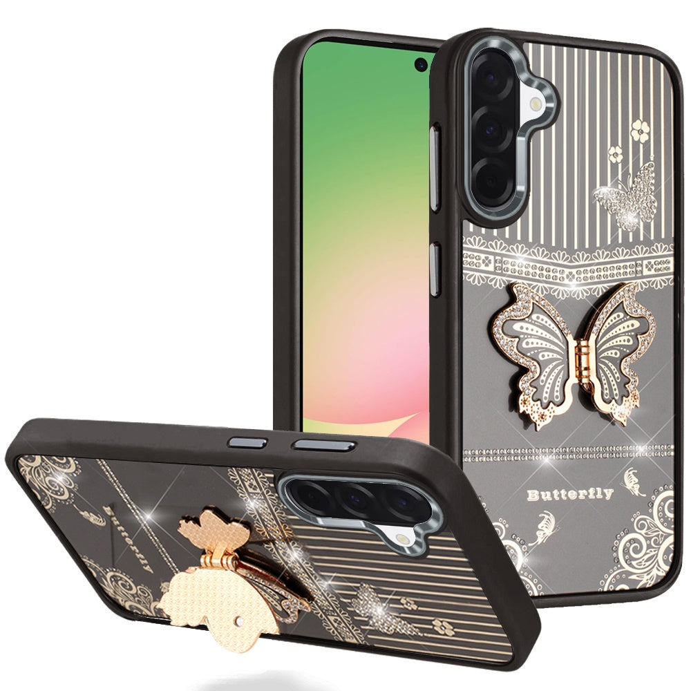 For Samsung Galaxy A57 Glitter 3D Butterfly Design Bling Metallic Edge Hybrid Stand Drop Protection TPU Shockproof Case Cover