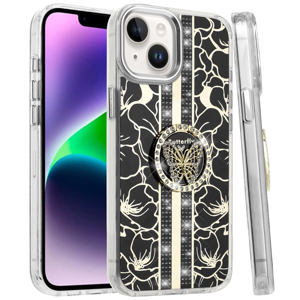 For iPhone 14/13 (6.1") Diamonds 3D Butterfly Floral Design Bling Sparkly Glitter Hybrid Metal Fashion with Ring Stand Case Cover Cosmic Orange