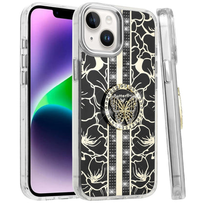 For iPhone 14/13 (6.1") Diamonds 3D Butterfly Floral Design Bling Sparkly Glitter Hybrid Metal Fashion with Ring Stand Case Cover Cosmic Orange
