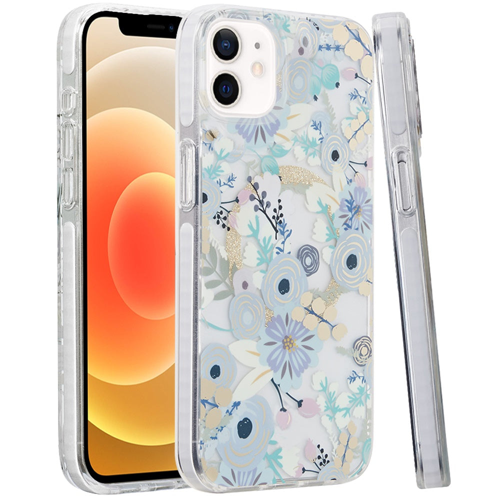 For Apple iPhone 15 Pro Max (6.7") Floral Pattern Design Cute Clear Hybrid Compatible with Magsafe Double Layer Soft TPU Hard PC Case Cover