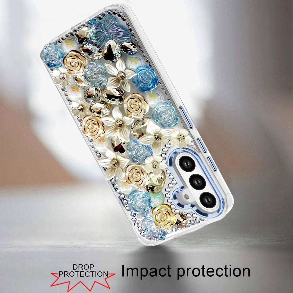 For Samsung Galaxy S25 FE, S25 Fan Edition 3D Diamond Floral Roses Flower Bling Stone Hybrid, Sparkly Rhinestone Gemstone Back Shockproof Case Cover Green