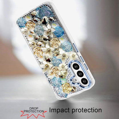 For Samsung Galaxy S25 FE, S25 Fan Edition 3D Diamond Floral Roses Flower Bling Stone Hybrid, Sparkly Rhinestone Gemstone Back Shockproof Case Cover Green