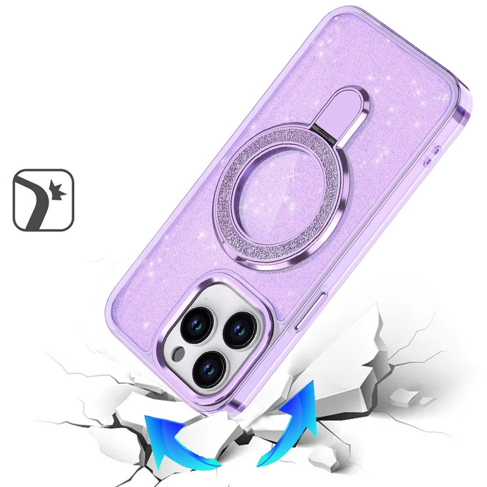 For Apple iPhone 13 Pro Transparent Glitter Bling Case with Rotating Magnetic Ring Stand, Shockproof Hybrid Case Cover