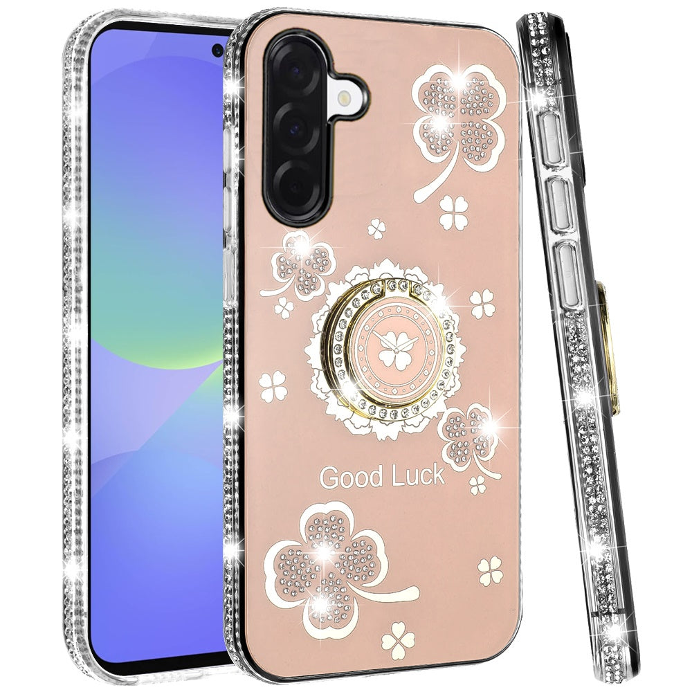For Samsung Galaxy A37 Diamonds Bling All Around Edges Sparkly Glitter Hybrid with Ring Stand Holder Fashion Good Luck Case Cover