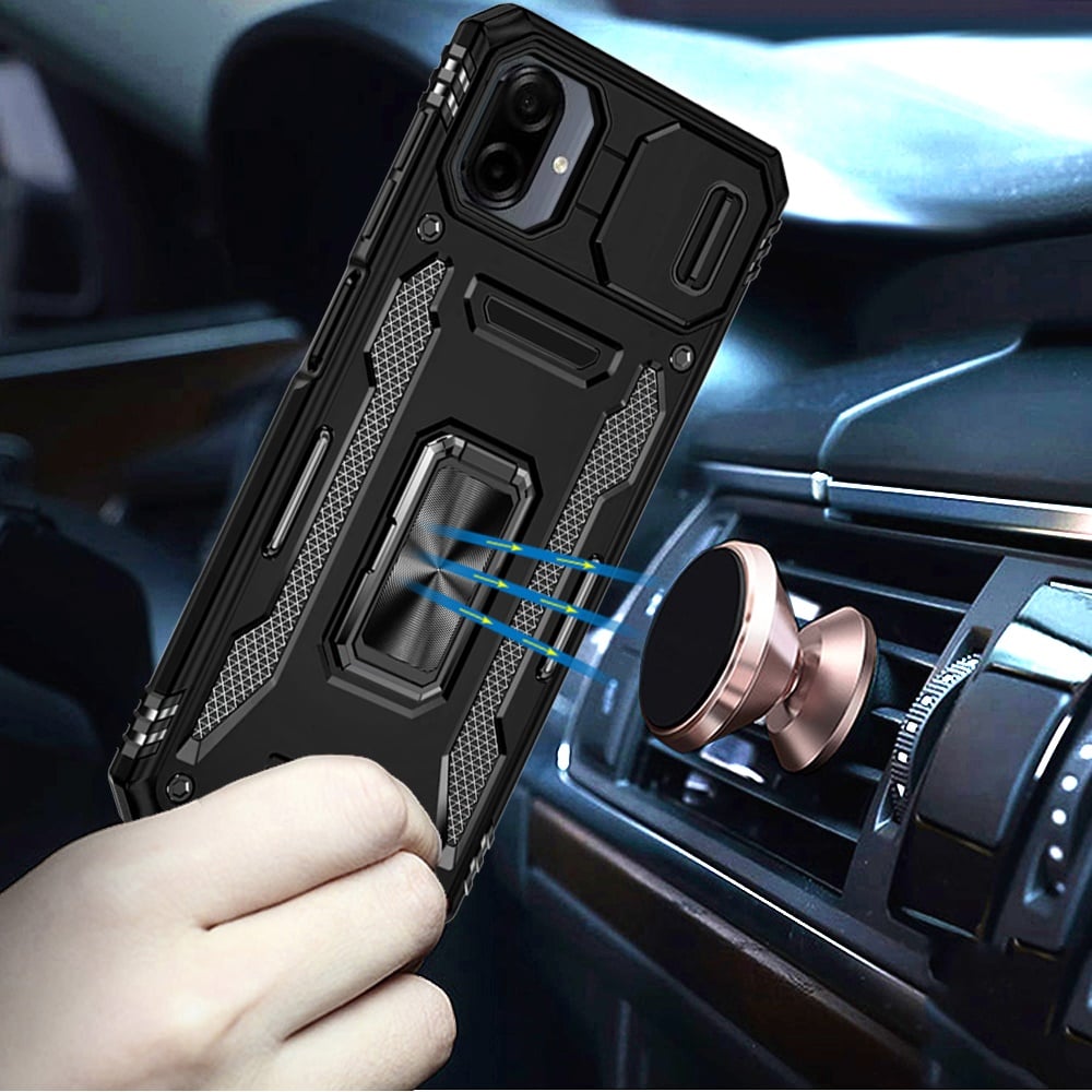 For Samsung Galaxy A07 Tough Hybrid Case with Movable Camera Window & Metal Ring Stand Shockproof Case Cover