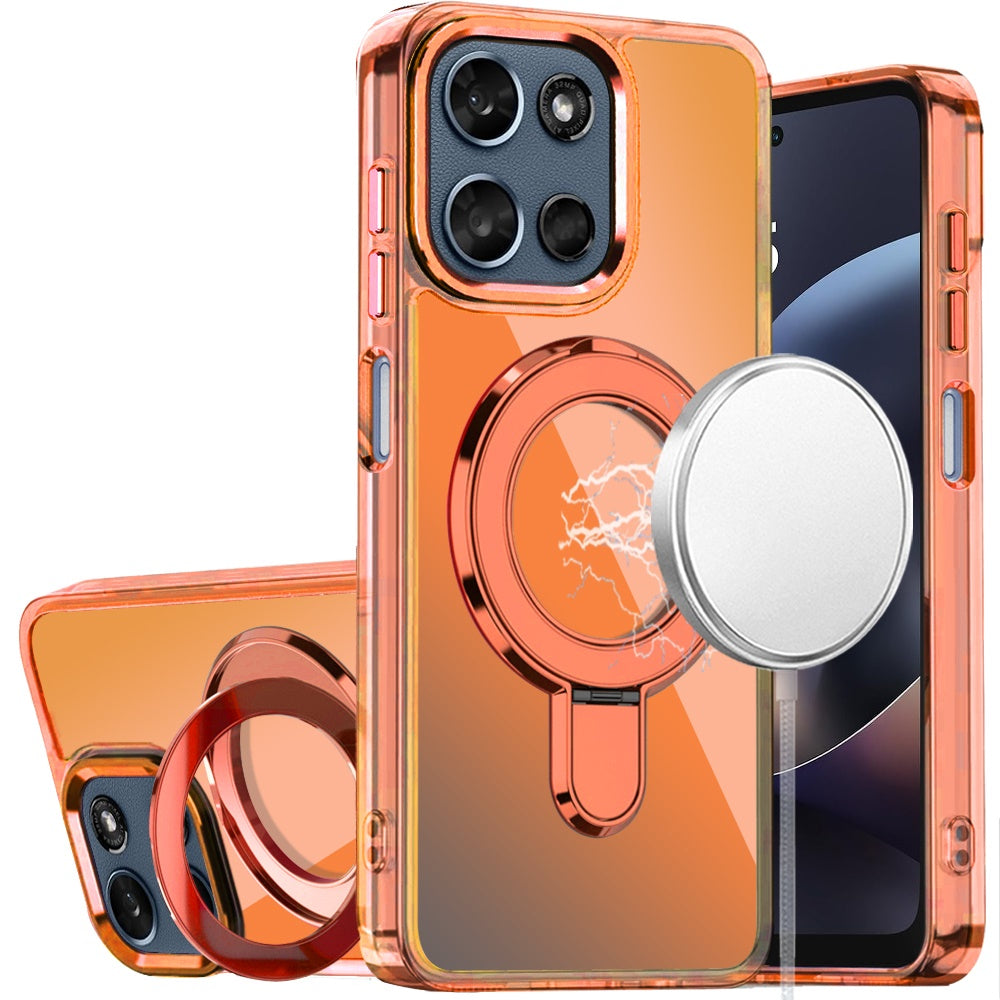 For Motorola Moto G Play 5G 2026 Chrome Hybrid with Rotating Magnetic Circle Ring Stand, Slim Shockproof Hybrid Case Cover Cosmic Orange