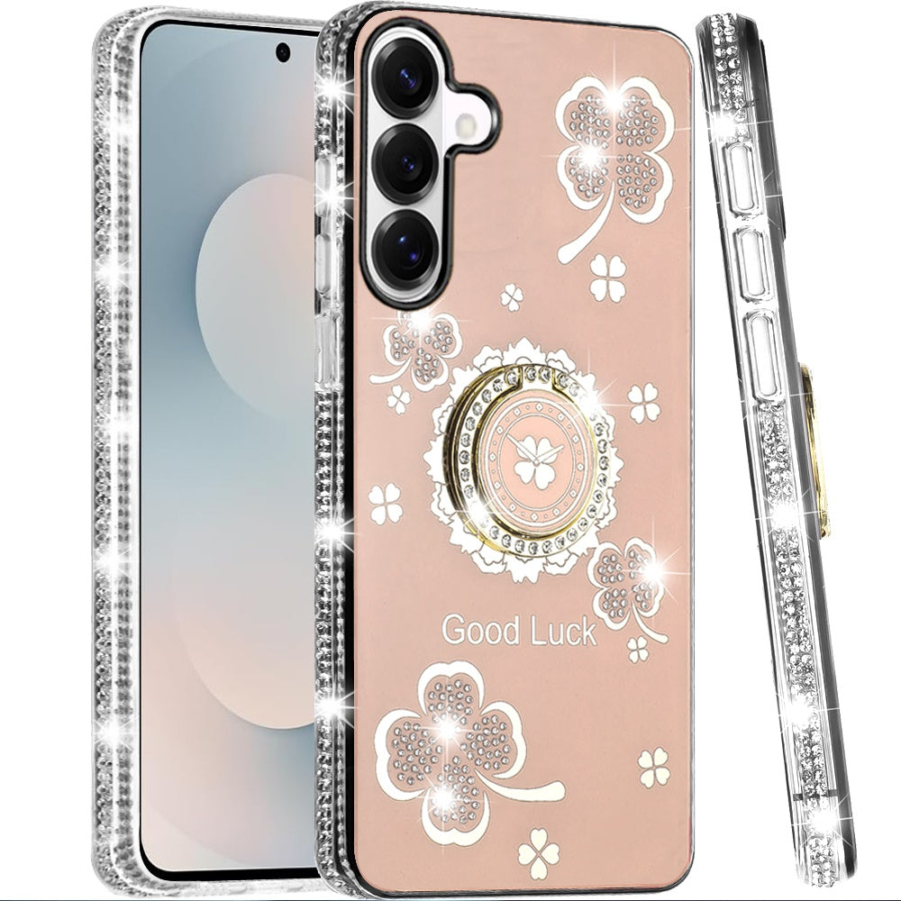For Samsung Galaxy S25 FE, S25 Fan Edition Diamonds Bling All Around Edges Sparkly Glitter Hybrid with Ring Stand Holder Fashion Good Luck Case Cover