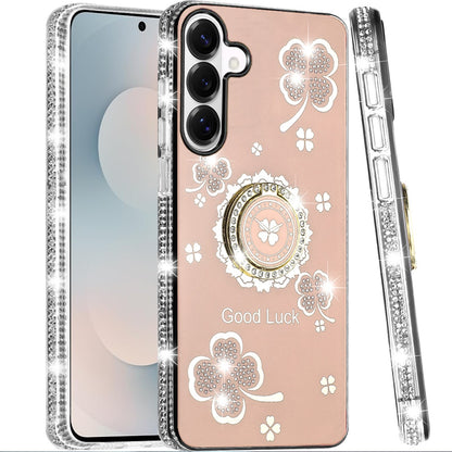 For Samsung Galaxy S25 FE, S25 Fan Edition Diamonds Bling All Around Edges Sparkly Glitter Hybrid with Ring Stand Holder Fashion Good Luck Case Cover