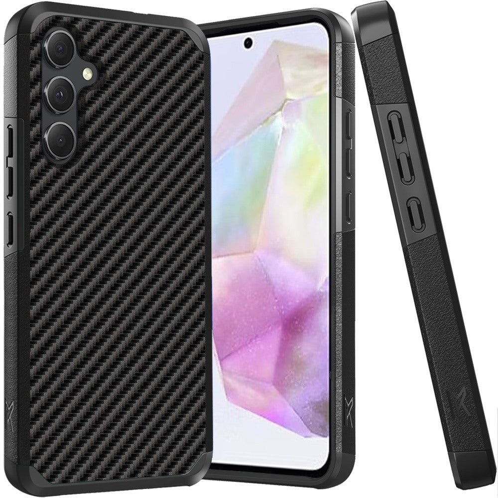 For Samsung Galaxy A36 Fashion Graphic Design Hybrid 2in1 Tough Strong Hard PC TPU Frame, Magnet Mount Friendly, Shockproof Protection Case Cover Carbon Fiber Black