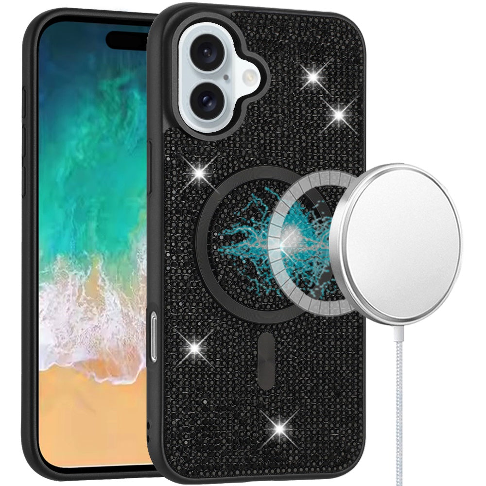 For Apple iPhone 16 Plus (6.7") Diamond Sparkly Bling Design Rhinestone Hybrid Skin TPU with Magnetic Circle MagSafe Compatible Case Cover