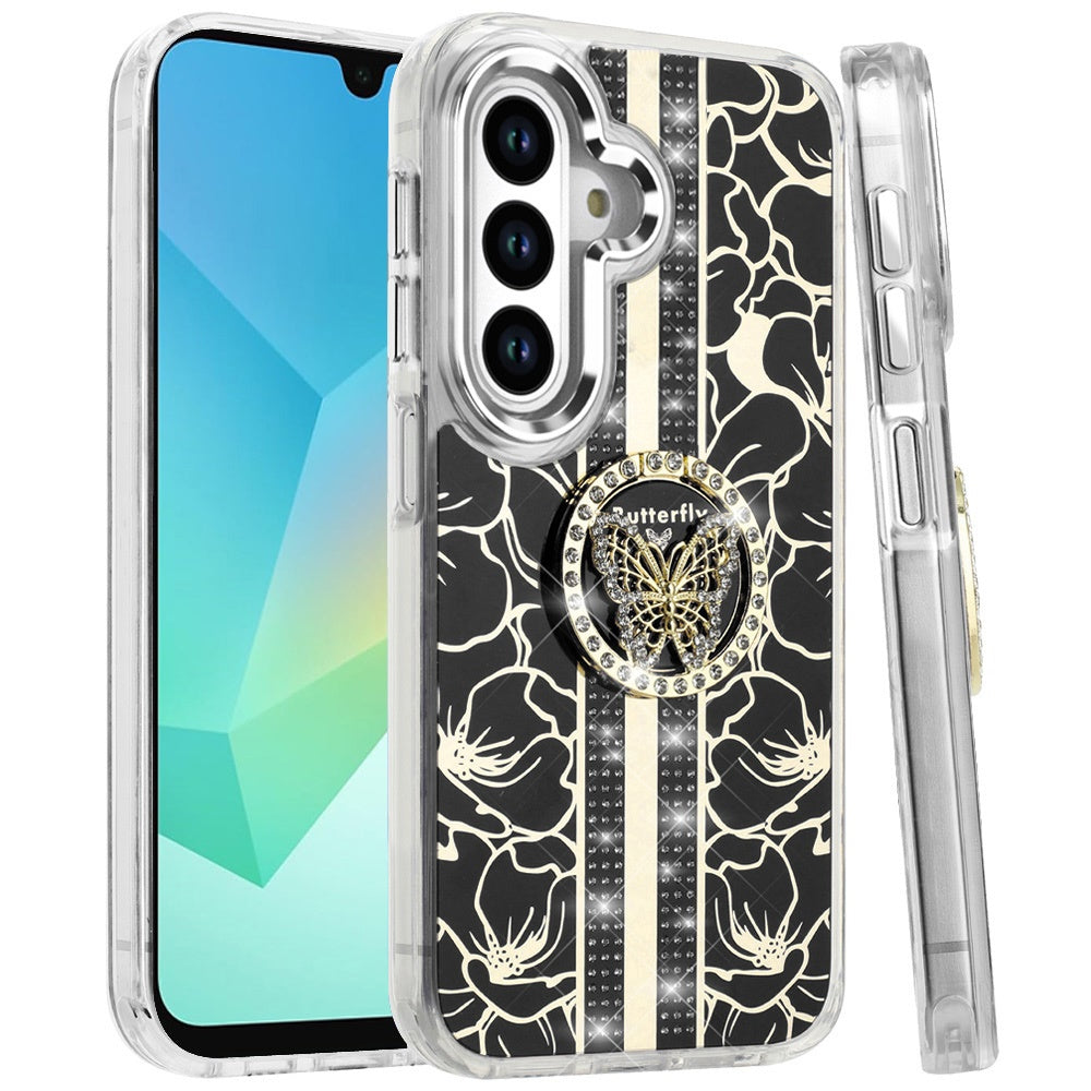 For Samsung Galaxy A16 5G Diamonds 3D Butterfly Floral Design Bling Sparkly Glitter Hybrid Metal Fashion with Ring Stand Case Cover