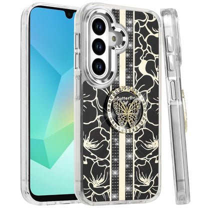 For Samsung Galaxy A16 5G Diamonds 3D Butterfly Floral Design Bling Sparkly Glitter Hybrid Metal Fashion with Ring Stand Case Cover