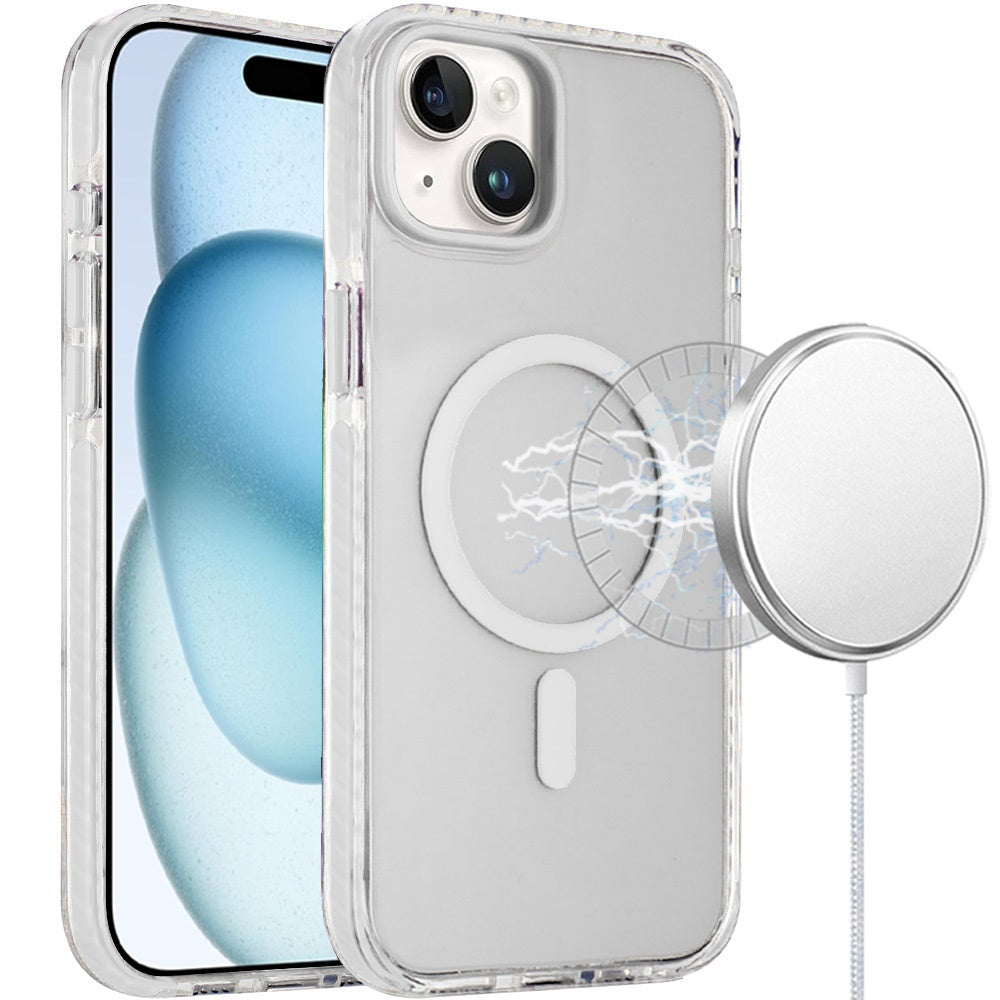 For iPhone 15 (6.1") Transparent Hybrid with Color-Matched Magnetic Circle, Rubber TPU Frame Hard PC Shockproof Case Cover