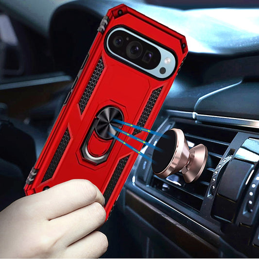 For Google Pixel 9 Pro XL Hybrid Shockproof Durable 360 Degree Rotatable Ring Stand Holder Kickstand Fit Magnetic Car Mount Case Cover Red
