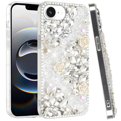 For Apple iPhone 17E /16E Fashion Rose Flower Floral Bling Crystal 3D Full Diamonds Pearl Sparkle Rhinestone Glitter Hybrid Case Cover
