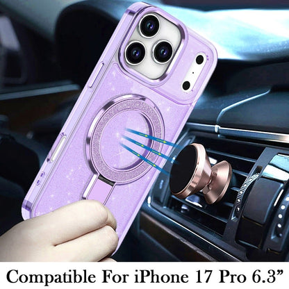 For Apple iPhone 17 Pro (6.3") Transparent Glitter Bling Case with Rotating Magnetic Ring Stand, Shockproof Hybrid Case Cover
