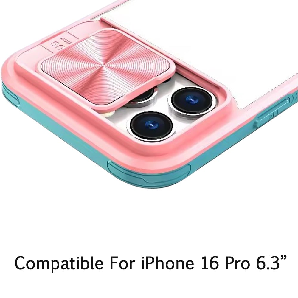 For Apple iPhone 16 Pro Hybrid Cases with Sliding Camera Cover Transparent Shockproof Bumper TPU Protective Case Cover Pink/Blue