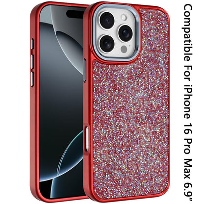 For iPhone 16 Pro Max (6.9") Crystal Sparkle Diamond Glass Full Mini Glitter Bling Frame TPU Hybrid Protective Case Cover