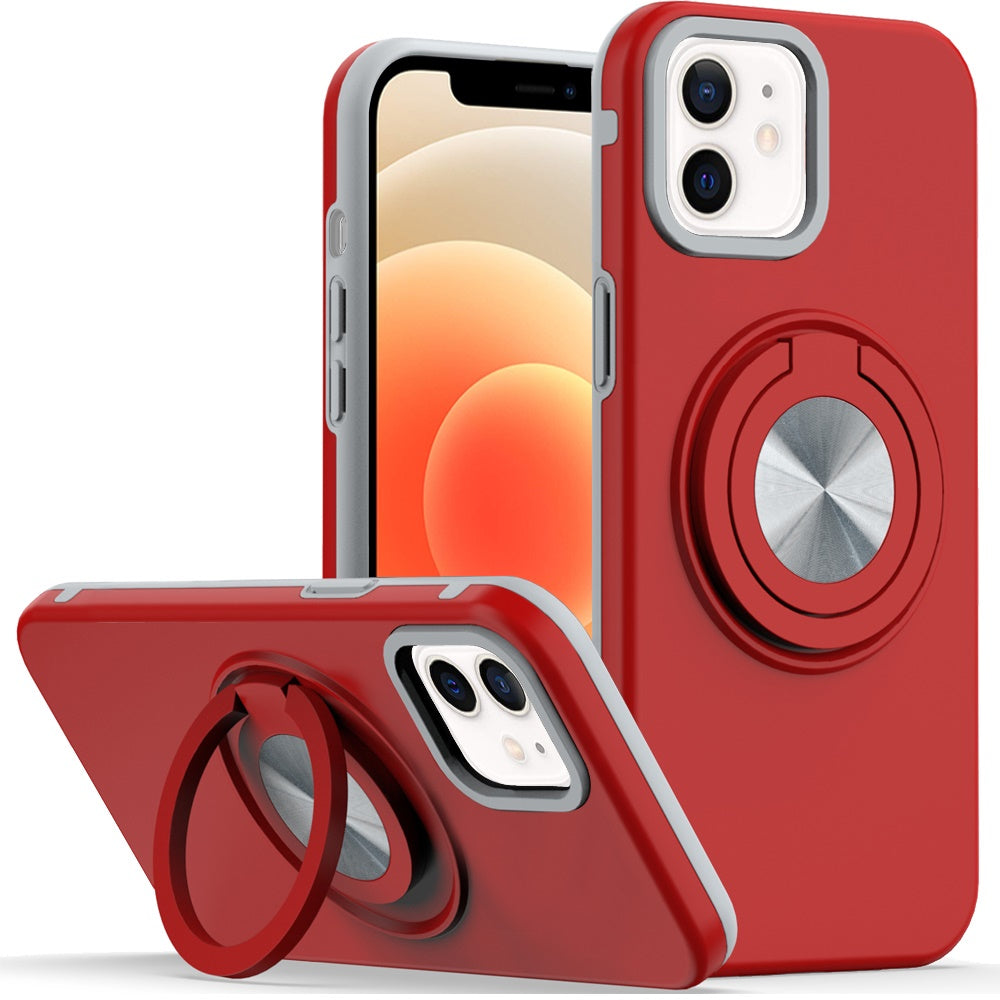 For Apple iPhone 17E /16E Metal Matte Hybrid with Invisible Rotational Ring Stand, Car Mount Friendly, Military Grade Slim Fit Sturdy Case Cover Red