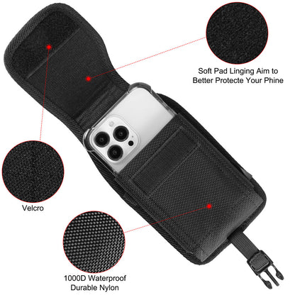 For Apple iPhone 16 (6.1") Universal Pouch Case Vertical Phone Holster Nylon Cover with Front Buckle, Belt Clip Loop & Hook Carabiner [Black]