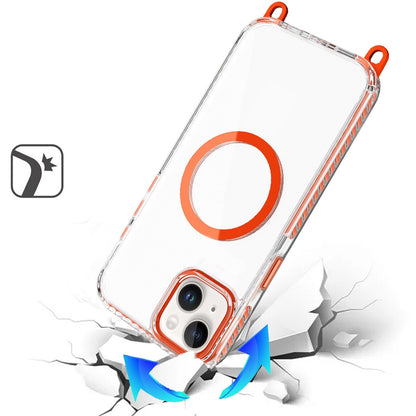 For iPhone 14/13 (6.1") Clear Magnetic Frame PC Back Shockproof Protective Case with Detachable Lanyard Strap, Compatible with MagSafe Case Cover Cosmic Orange