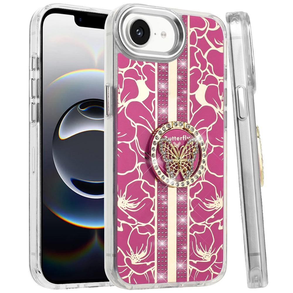 For Apple iPhone 17E /16E Diamonds 3D Butterfly Floral Design Bling Sparkly Glitter Hybrid Metal Fashion with Ring Stand Case Cover