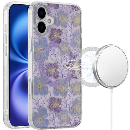 For Apple iPhone 17 Stylish Pattern Fashion IMD Printed Design TPU Double Layer Slim Shockproof with Magnetic Back Case Cover Purple Flower