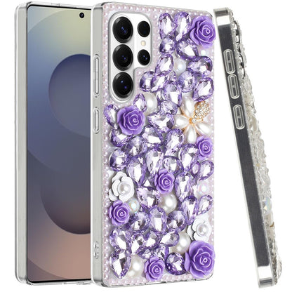 For Samsung Galaxy S26 Ultra Fashion Rose Flower Floral, 3D Bling Crystal Full Diamonds Pearl Sparkle Rhinestone Glitter Hybrid Case Cover