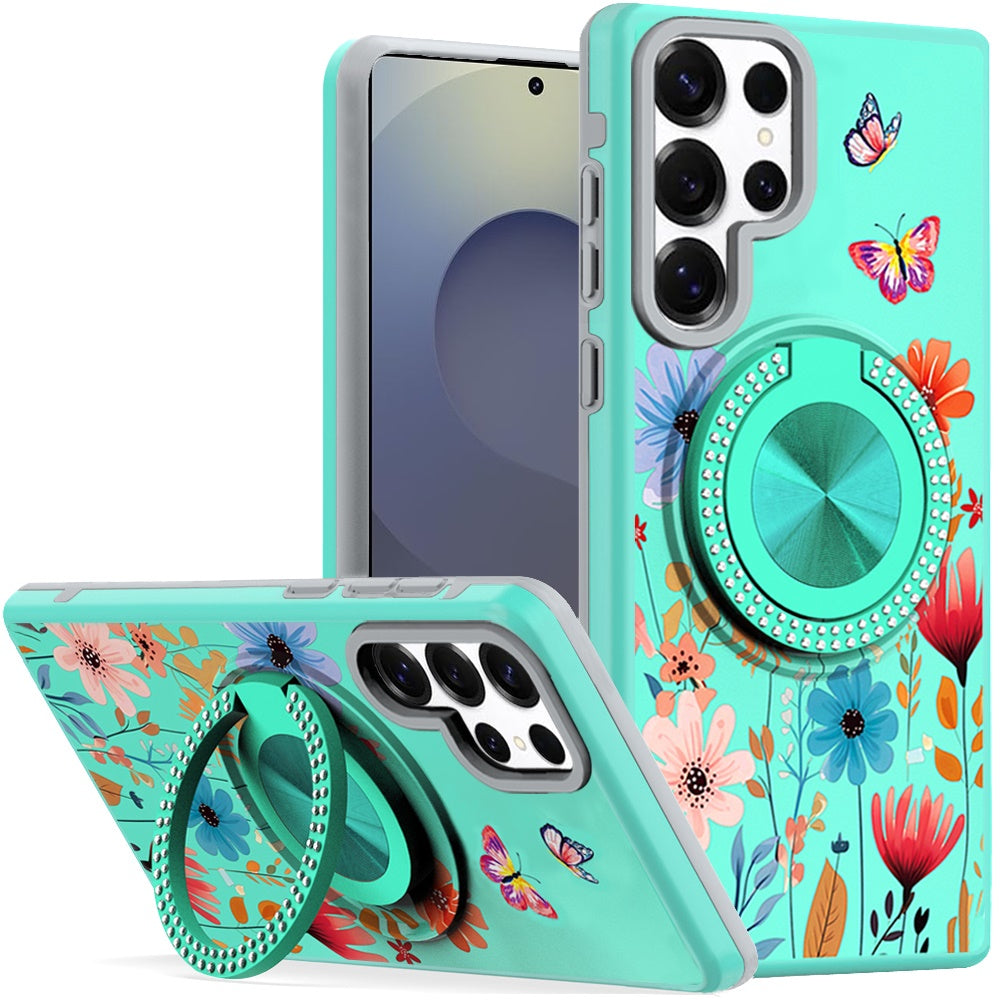 For Samsung Galaxy S25 Ultra Pattern Design Hybrid with Invisible Ring Stand & Magnetic Back, Shockproof Protective Grip Case Cover