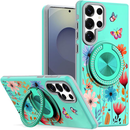 For Samsung Galaxy S25 Ultra Pattern Design Hybrid with Invisible Ring Stand & Magnetic Back, Shockproof Protective Grip Case Cover